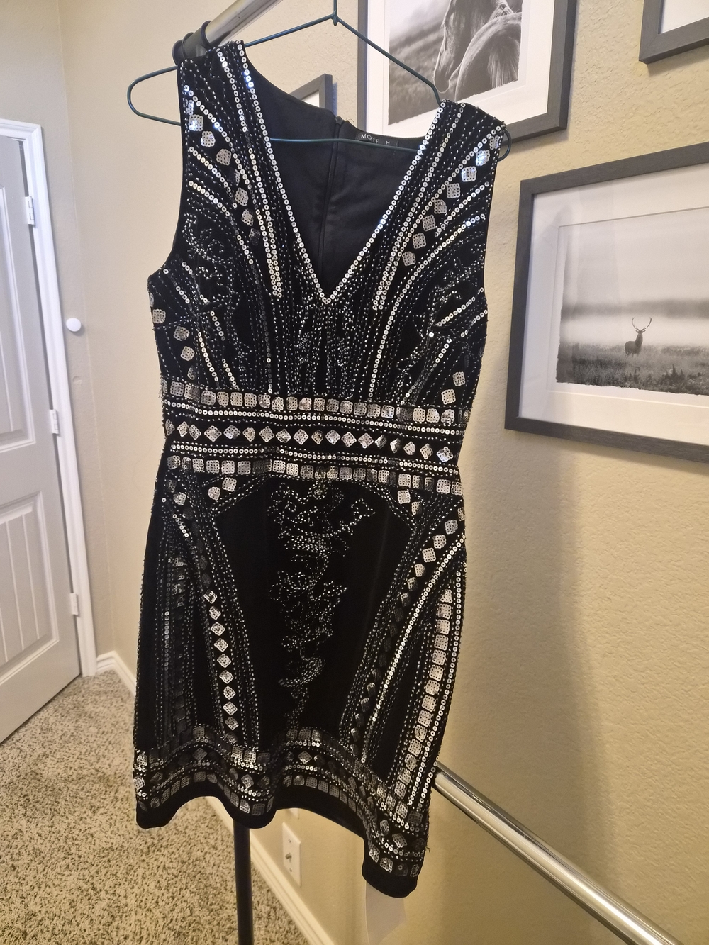 Embellished Black V-Neck Cocktail Dress